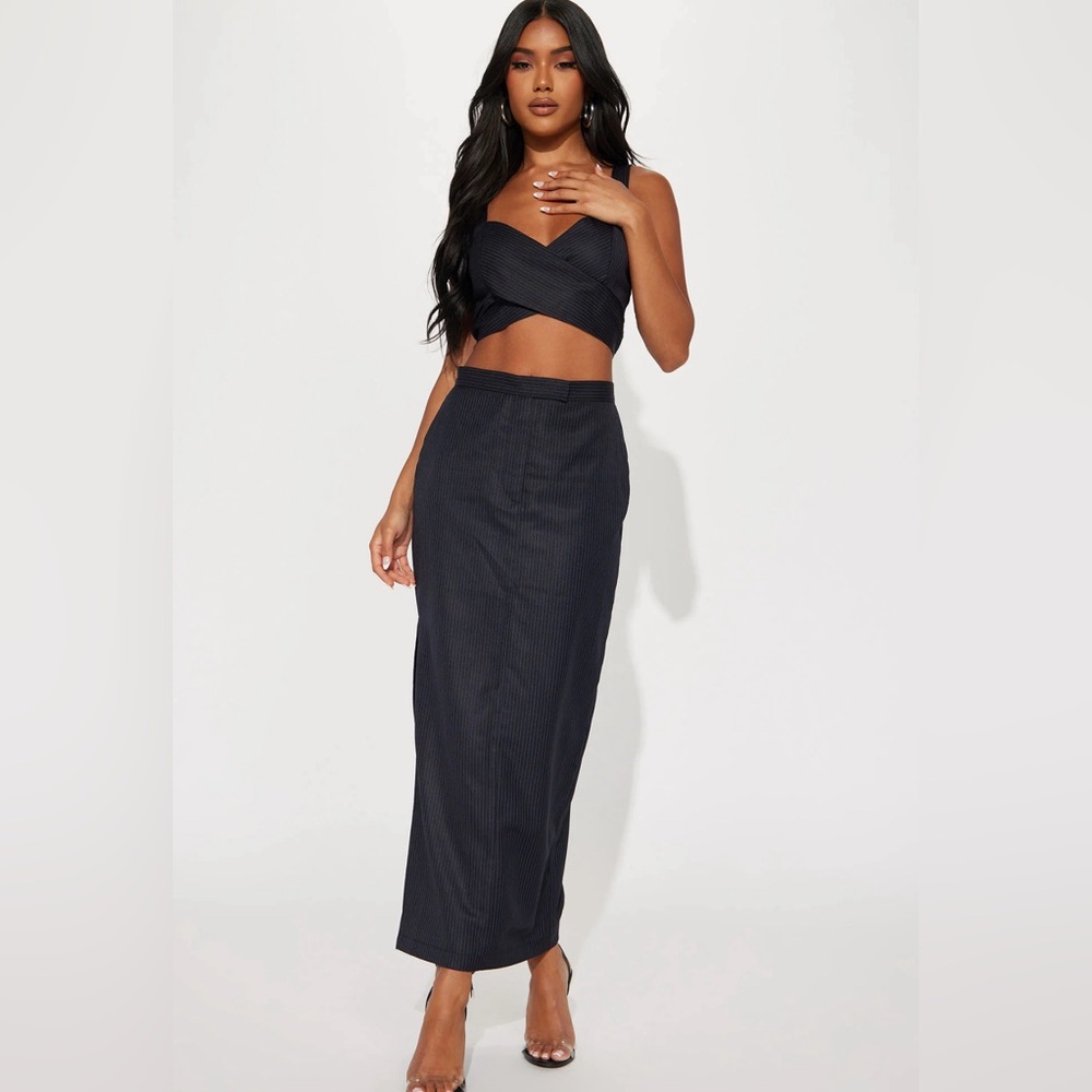 Fashion Nova Black Pinstripe Crop Top & Maxi Skirt Set